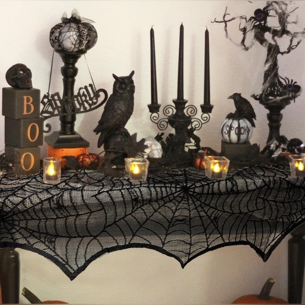 Halloween Decoration Black Lace Spiderweb Fireplace Mantle Cover 18” x 96” - Picture 4 of 9